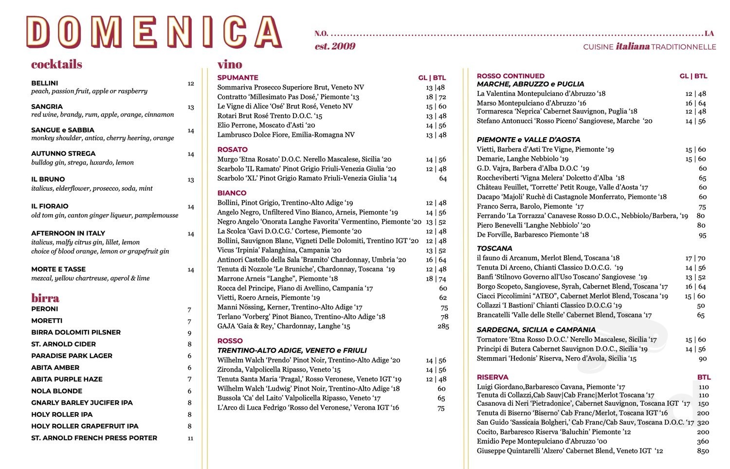 Domenica menu in New Orleans, Louisiana, USA