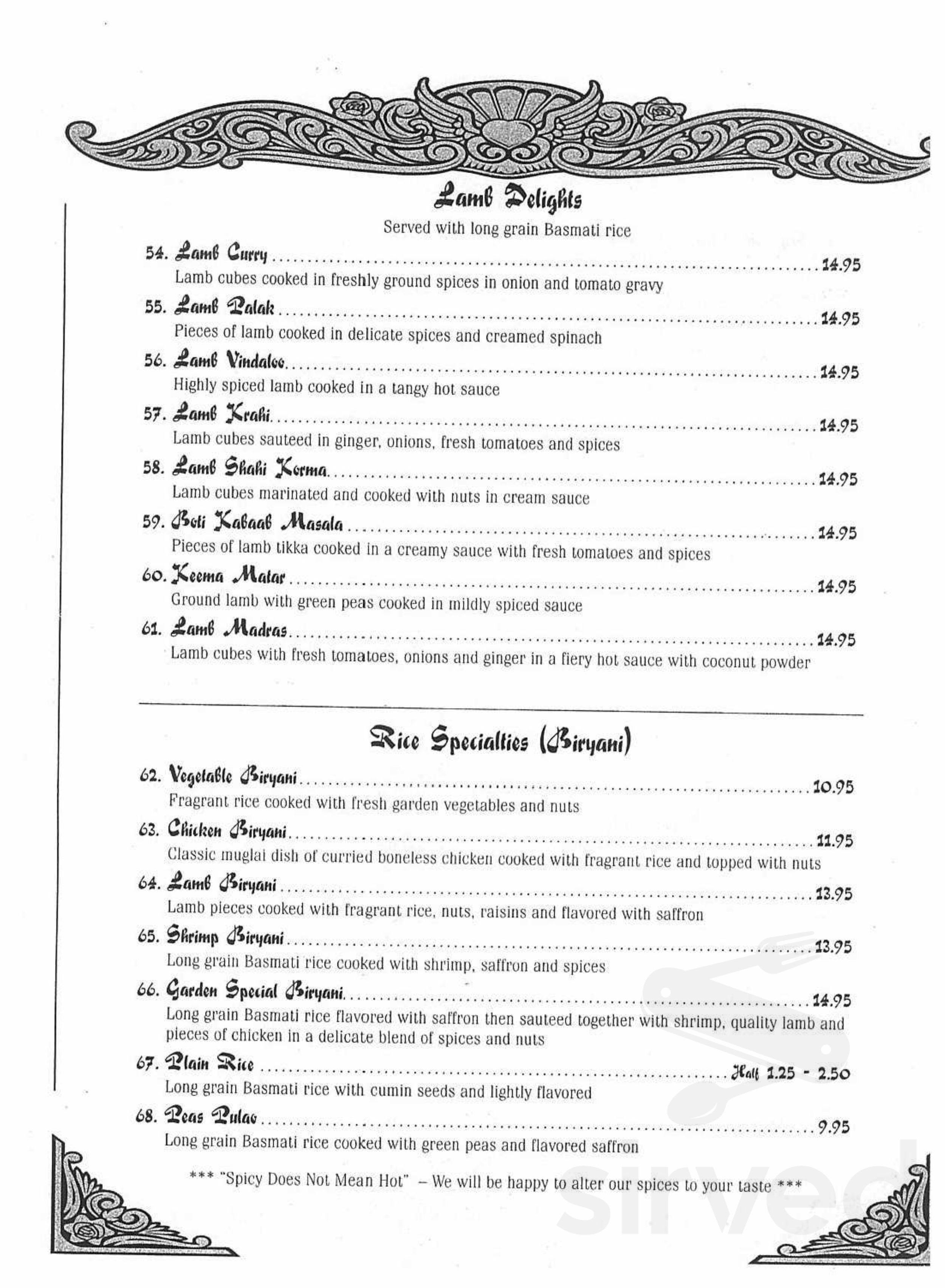 India Garden menu in Indianapolis, Indiana, USA