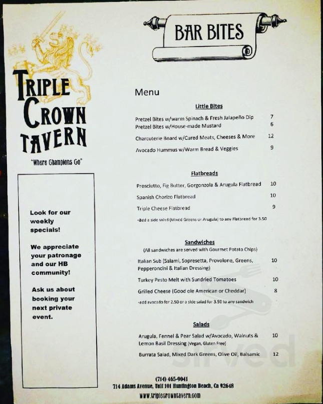 Triple Crown Tavern menu in Huntington Beach, California