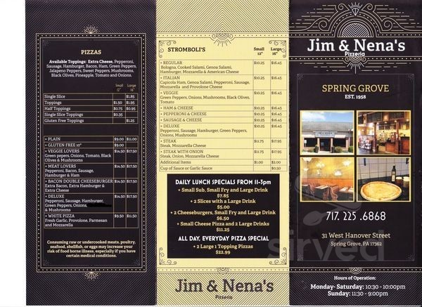 Jim & Nena's Pizzeria menu in Spring Grove, Pennsylvania
