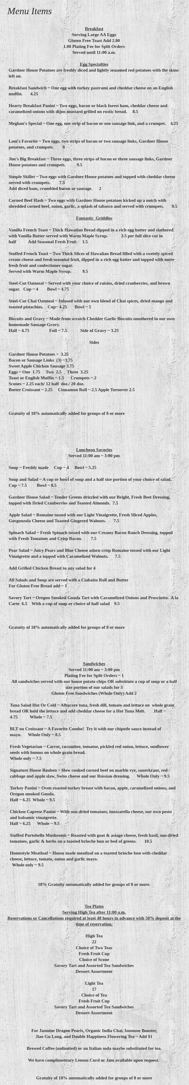 Gardner House Cafe and Bed & Breakfast menu in Stayton, Oregon