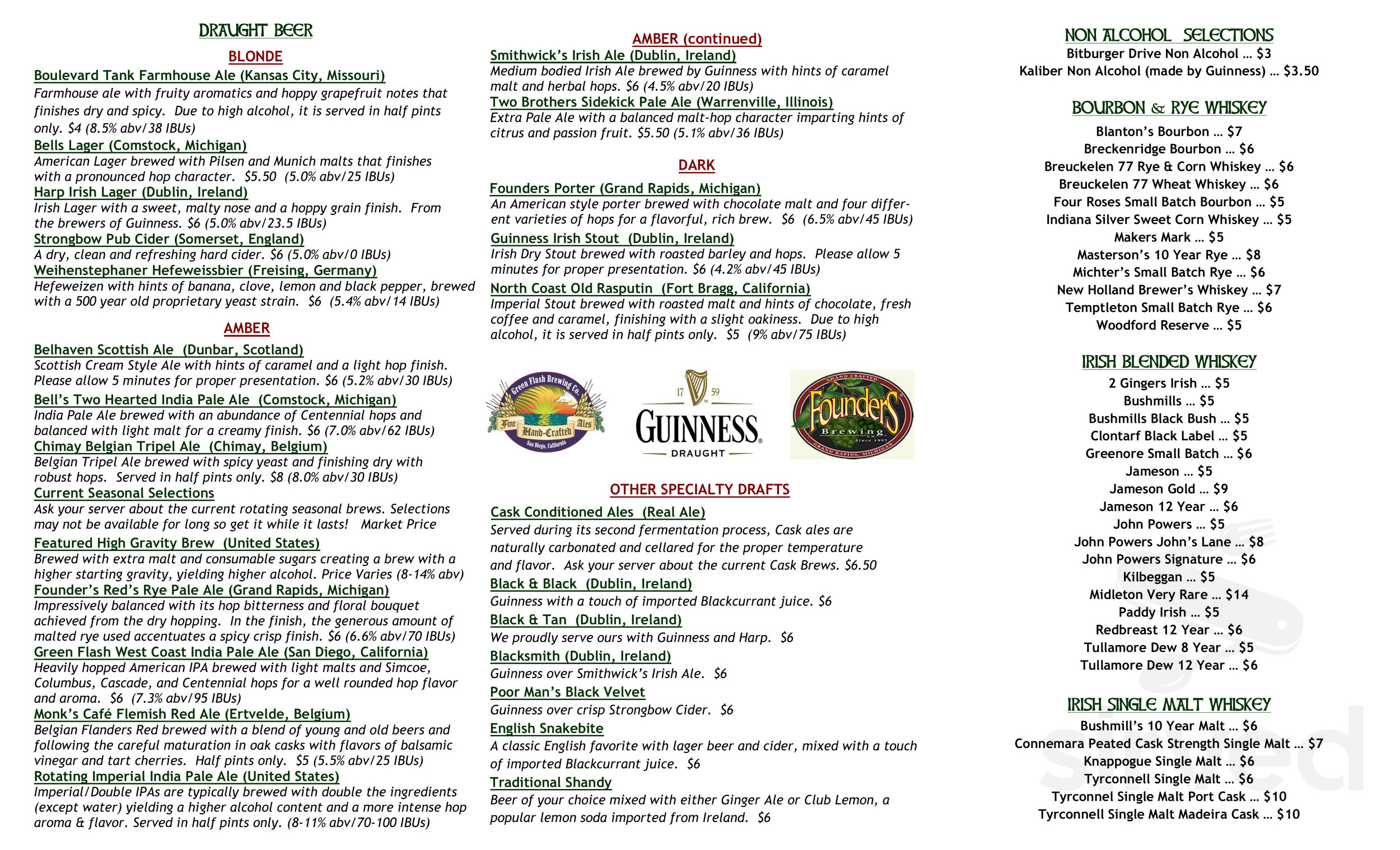 Fiddler's Hearth menu in South Bend, Indiana, USA
