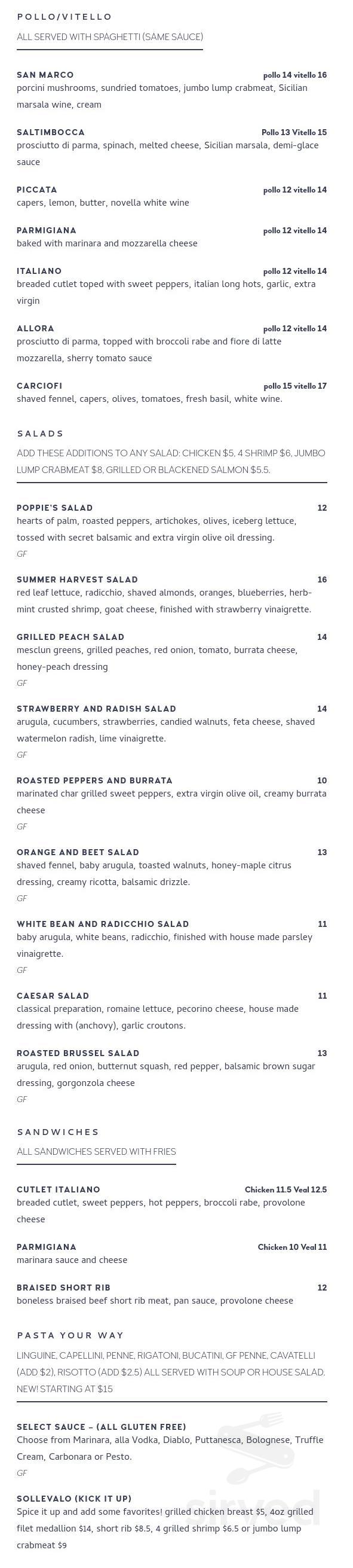 Allora menu in Marlton, New Jersey, USA