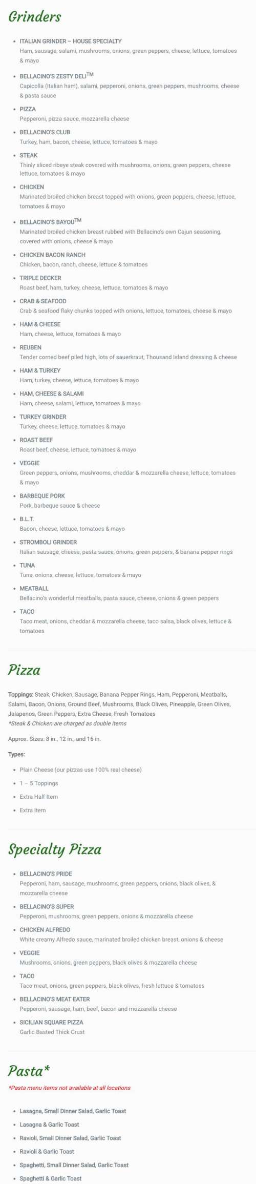 Bellacino's Pizza & Grinders menu in Irmo, South Carolina, USA