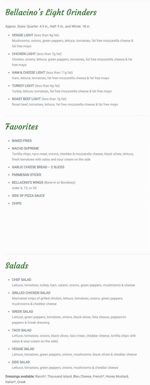 Bellacino's Pizza & Grinders menu in Irmo, South Carolina, USA