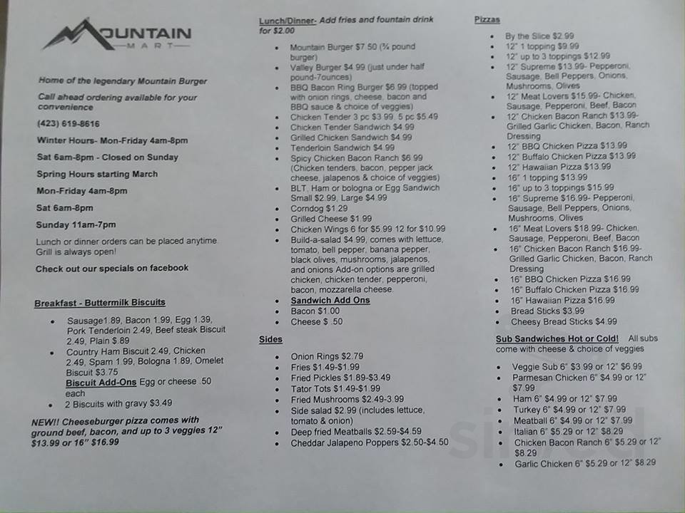 Mountain Mart menus in Sequatchie, Tennessee, United States