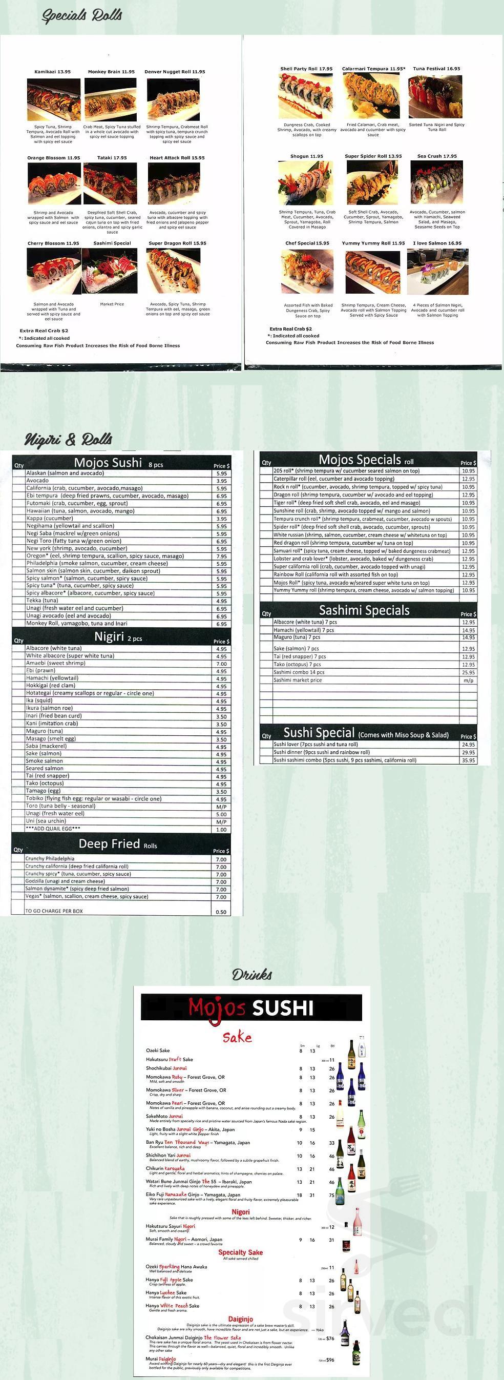 Mojos Sushi menu in Portland, Oregon