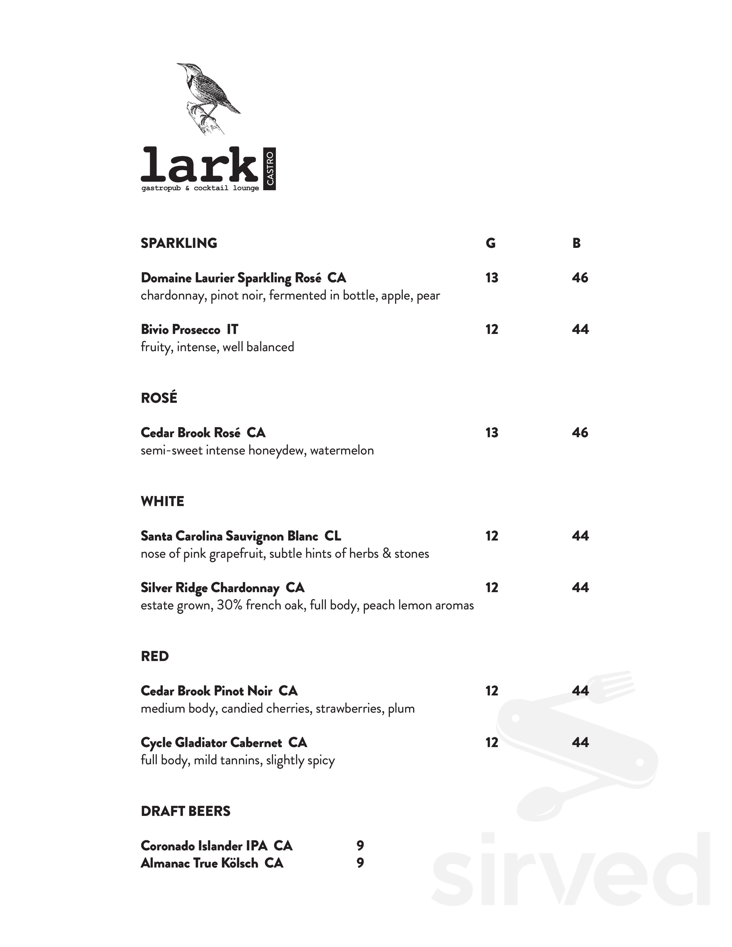 Lark Menu Lark menu in San Francisco, California, USA