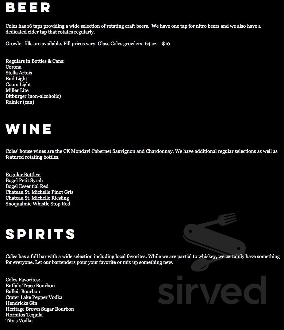 Menu Ruston WA's Coles Bar & Grill Sirved
