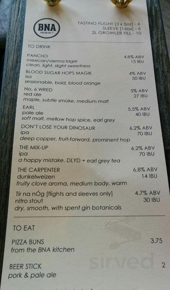 BNA Brewing Co. drink menu in Kelowna, British Columbia