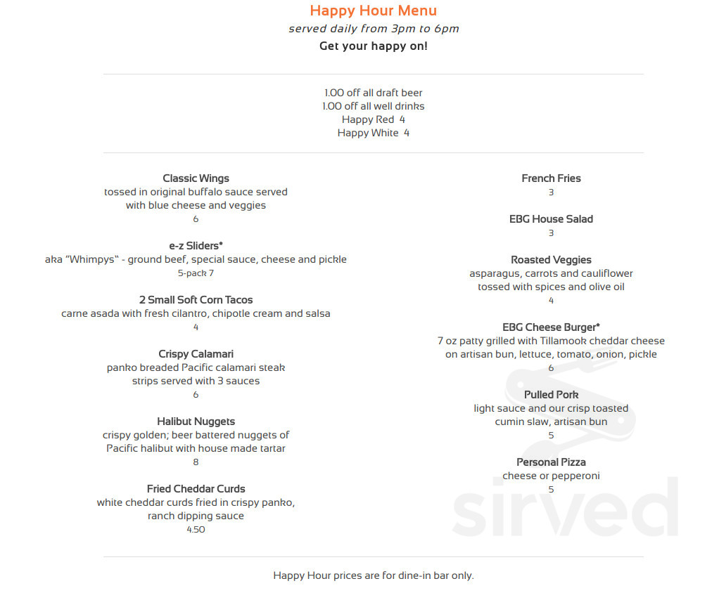 E BarGrill menu in Redmond, Oregon, USA