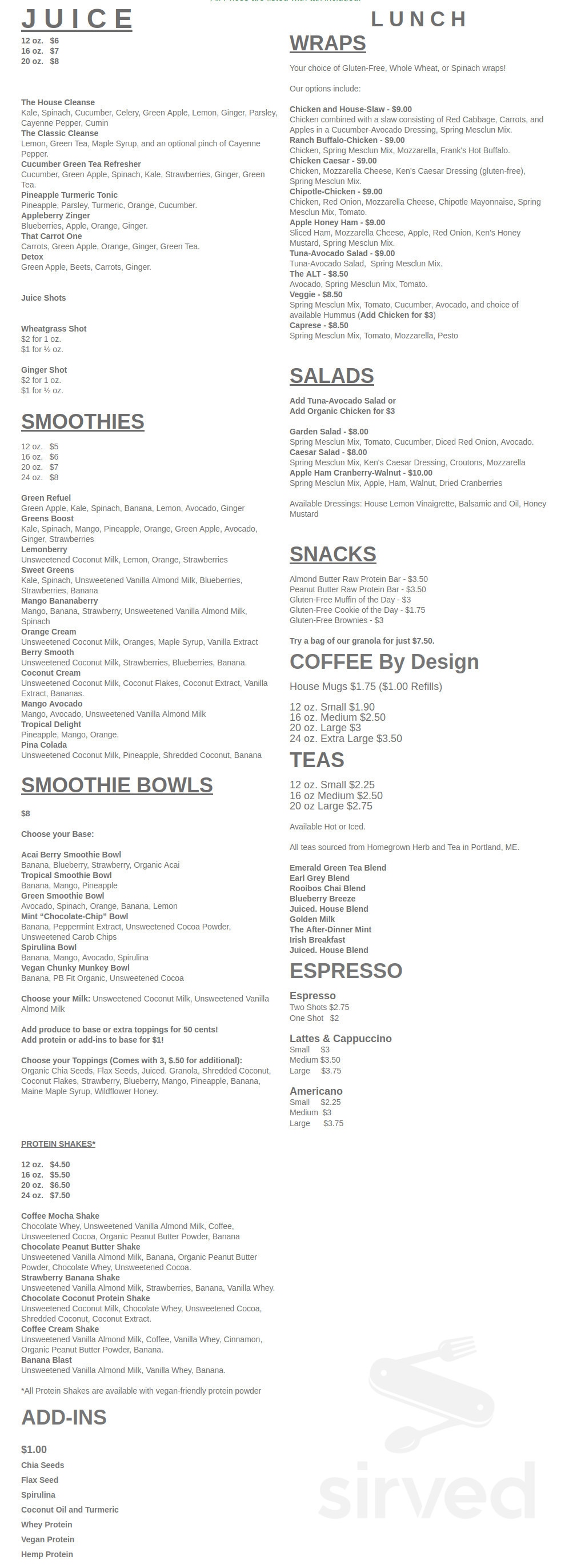 Juiced. menu in Hallowell, Maine, USA