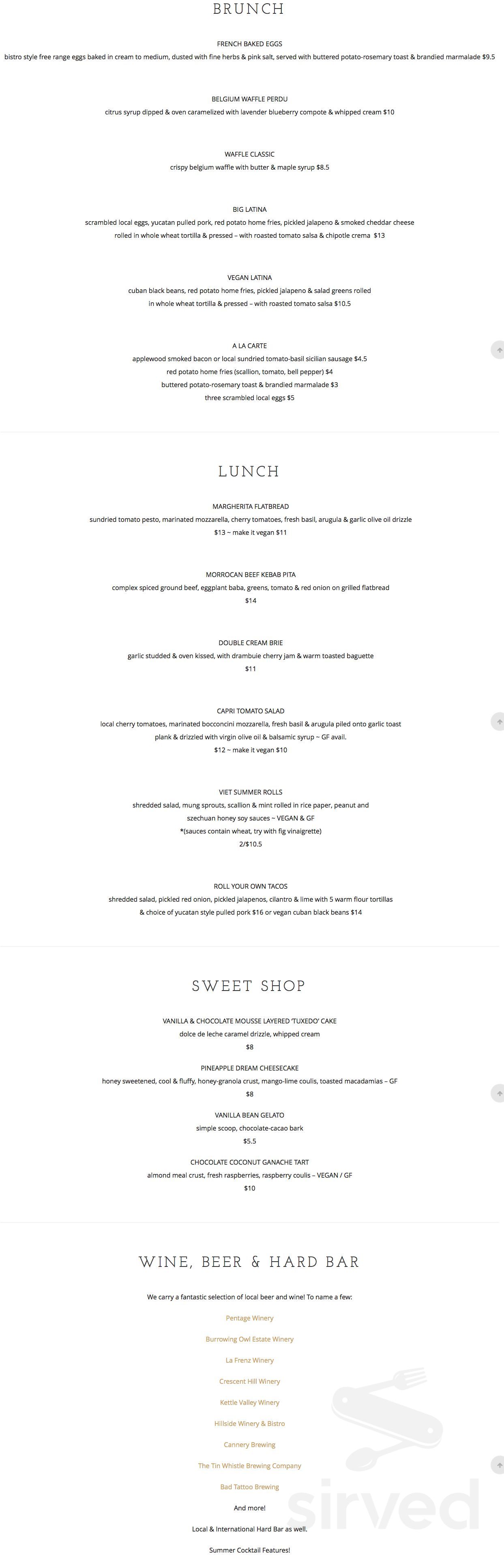 The Dream Cafe menu in Penticton, British Columbia