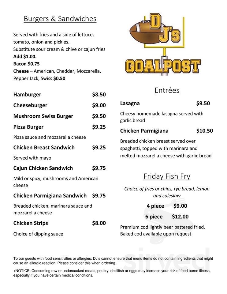 DJ's Goalpost Sports Bar and Grill menu in Menomonee Falls, Wisconsin, USA