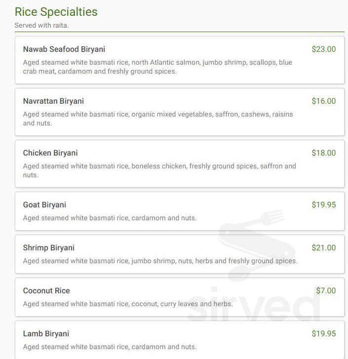 Nawab fine indian cuisine menu in wilmington north carolina usa