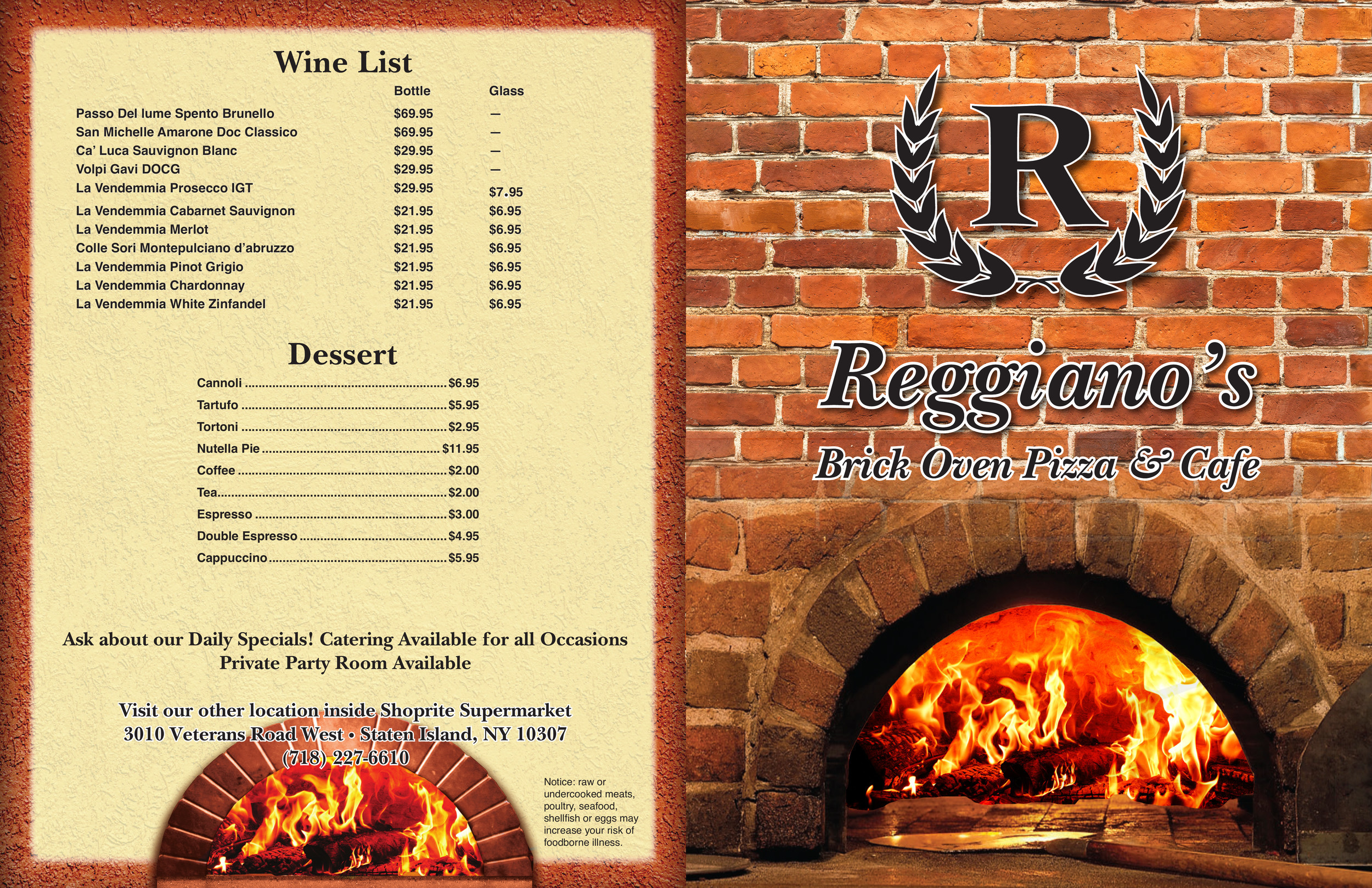 Reggianos II menu in Staten Island, New York, USA