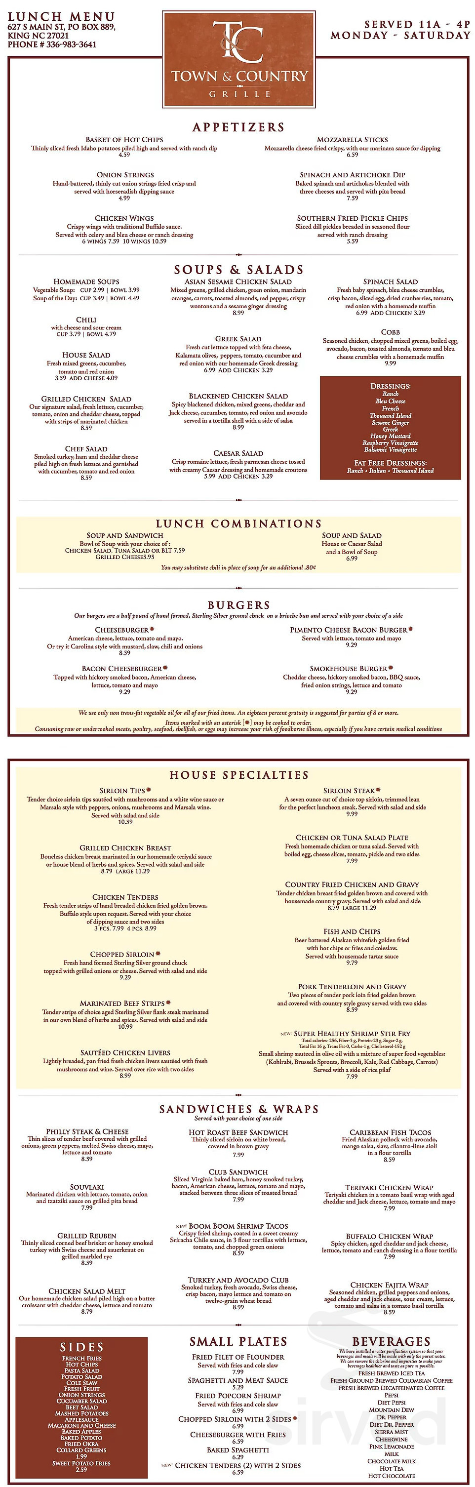 Town &amp; Country Restaurant menu in King, North Carolina, USA