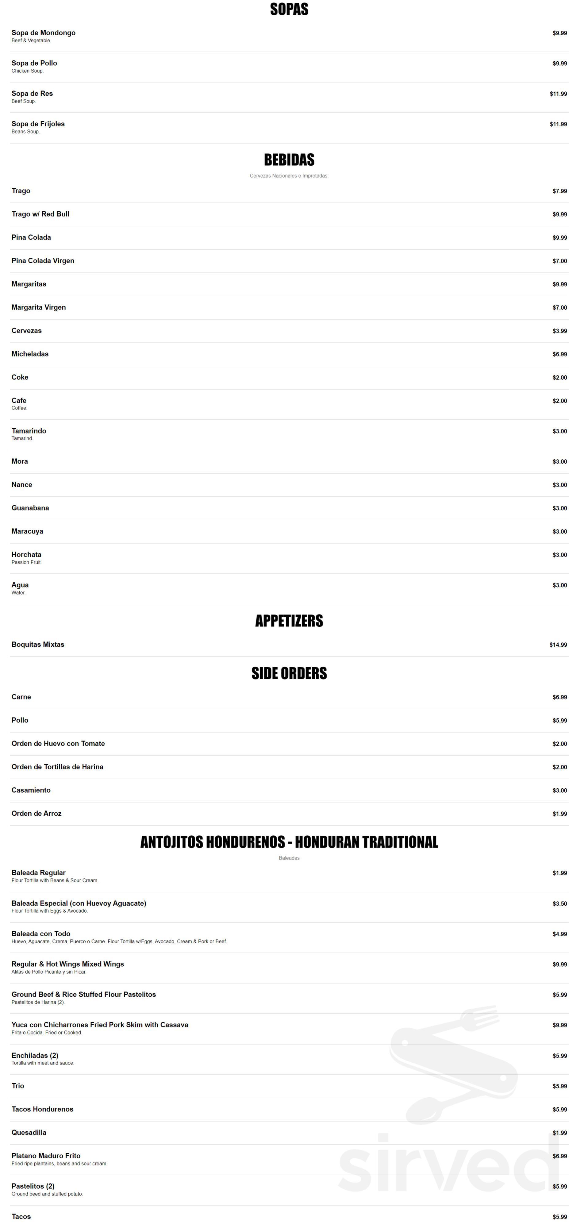 Casa Honduras Houston Texas Menu In Houston Texas USA