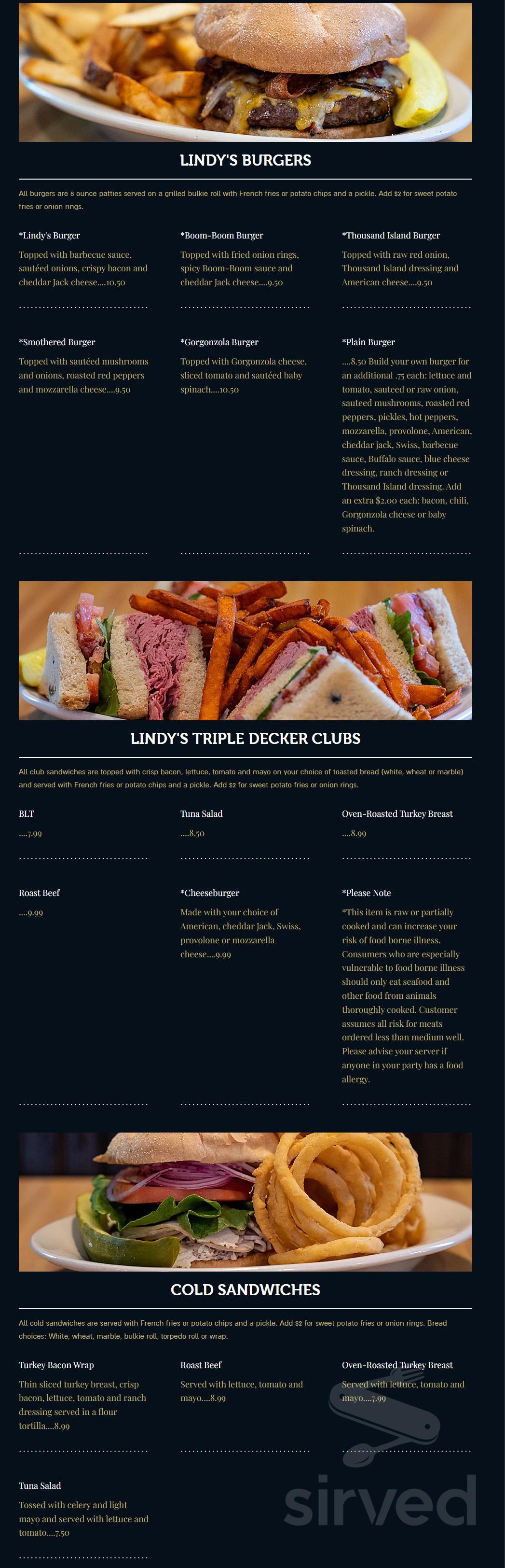 Lindy's Tavern menu in Slatersville, Rhode Island, USA