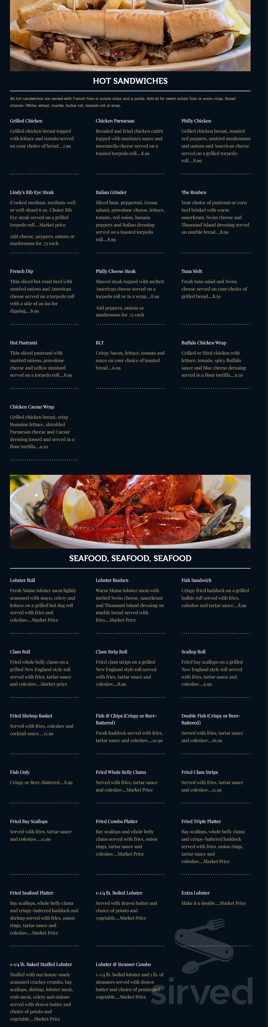 Lindy's Tavern menu in Slatersville, Rhode Island, USA