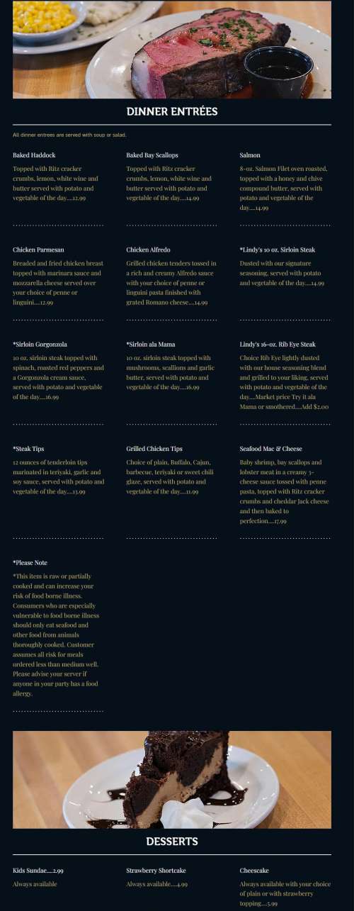 Lindy's Tavern menu in Slatersville, Rhode Island, USA