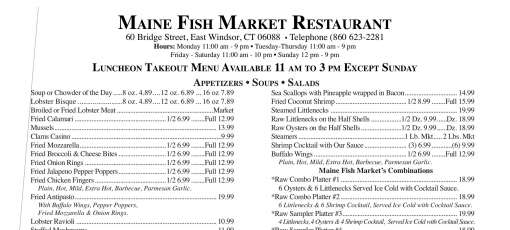 Menu for Maine Fish Market Restaurant in East Windsor, CT | Sirved