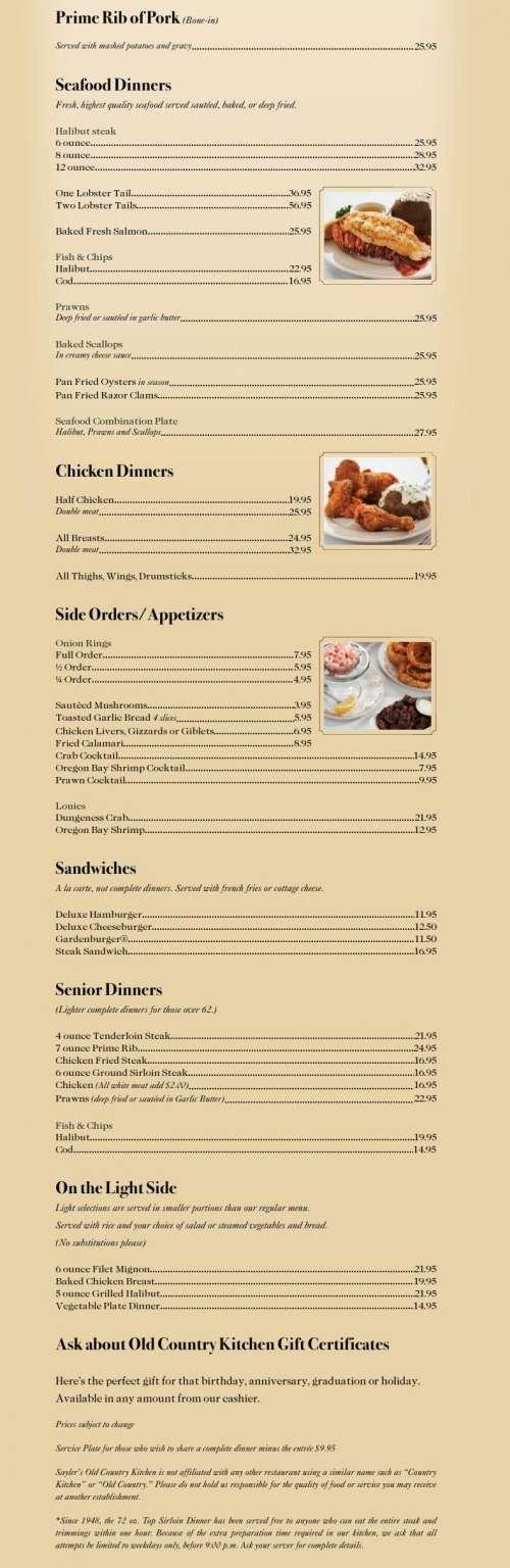 Sayler's Old Country Kitchen menu in Portland, Oregon, USA