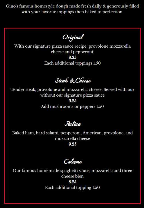 Gino Giannilli's Homestyle Pizza Palace menu in Latrobe, Pennsylvania, USA