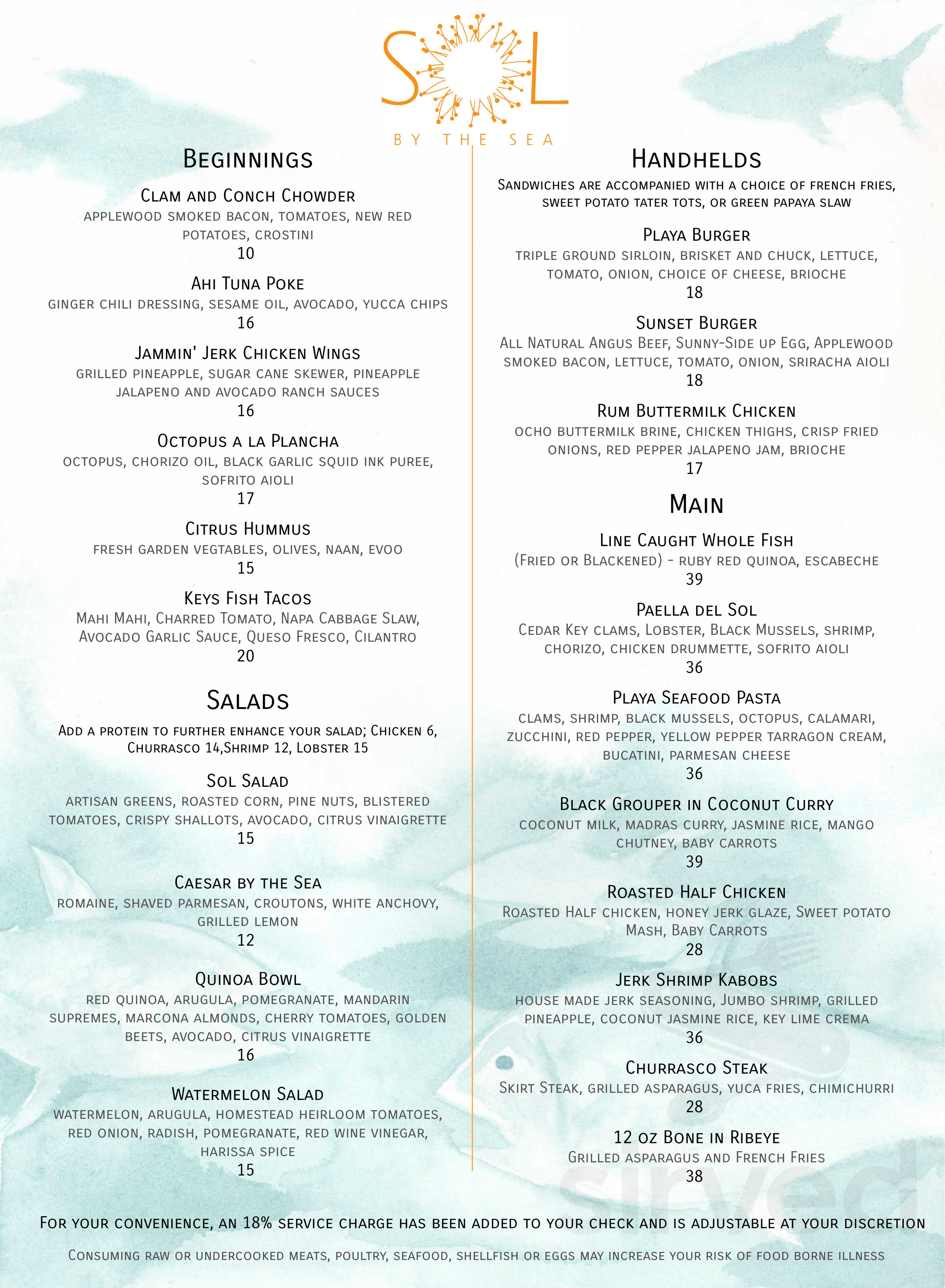 Sol by the Sea menu in Key Largo, Florida, USA
