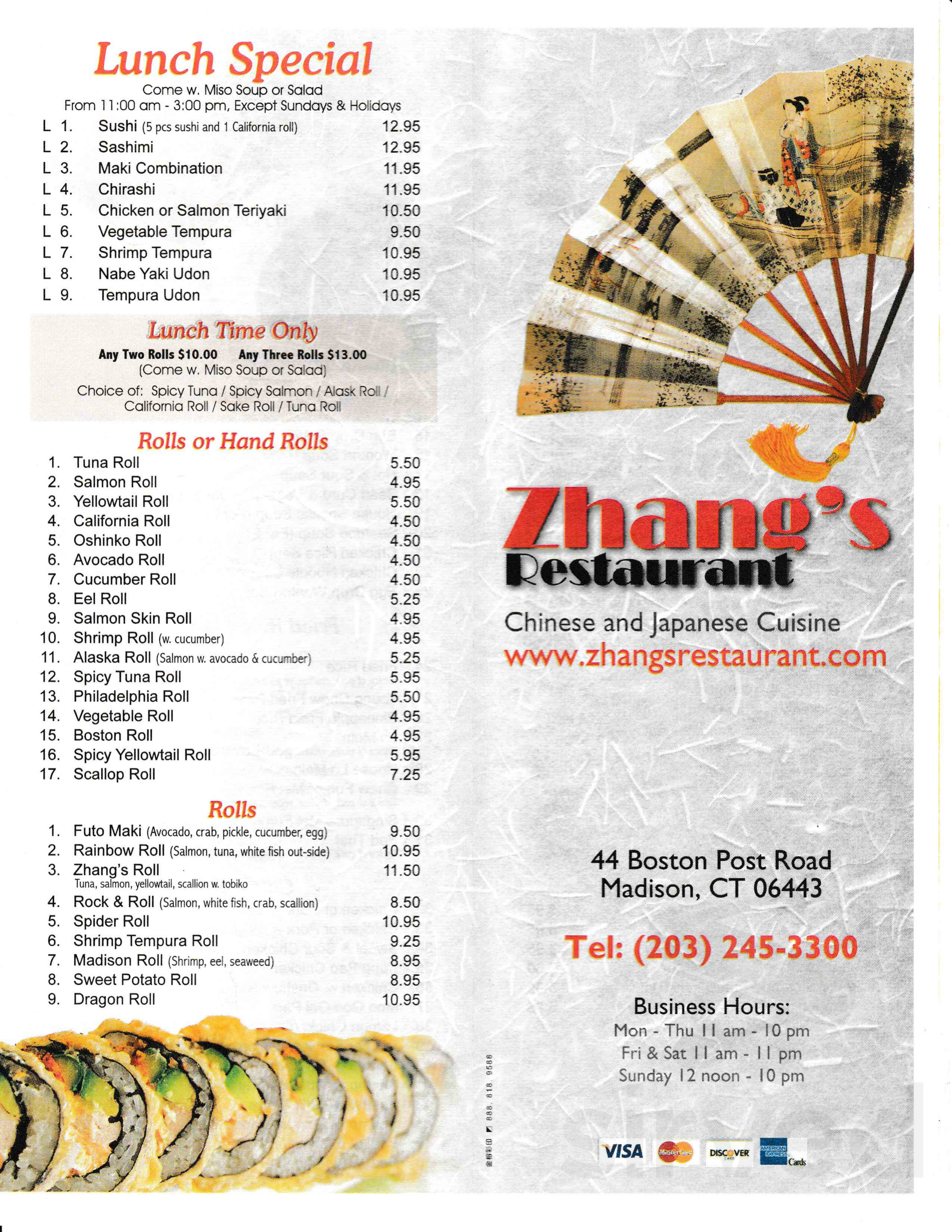 Zhang's Restaurant ⚠️Madison⚠️ lunch menu in Madison, Connecticut