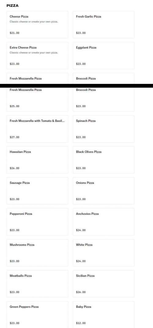 Joe's Pizza of Park Slope menu in Brooklyn, New York, USA