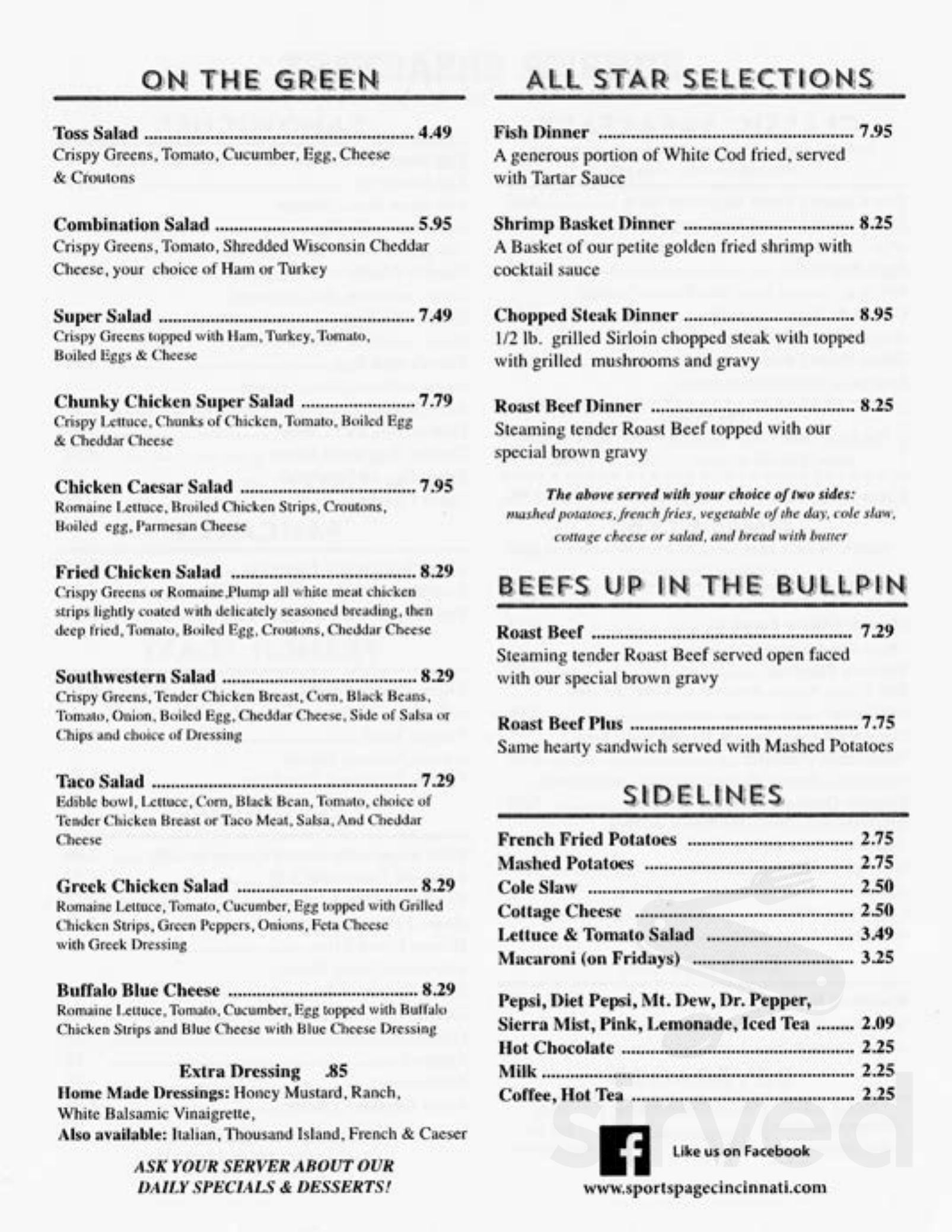 Sports Page Restaurant menu in Cincinnati, Ohio, USA
