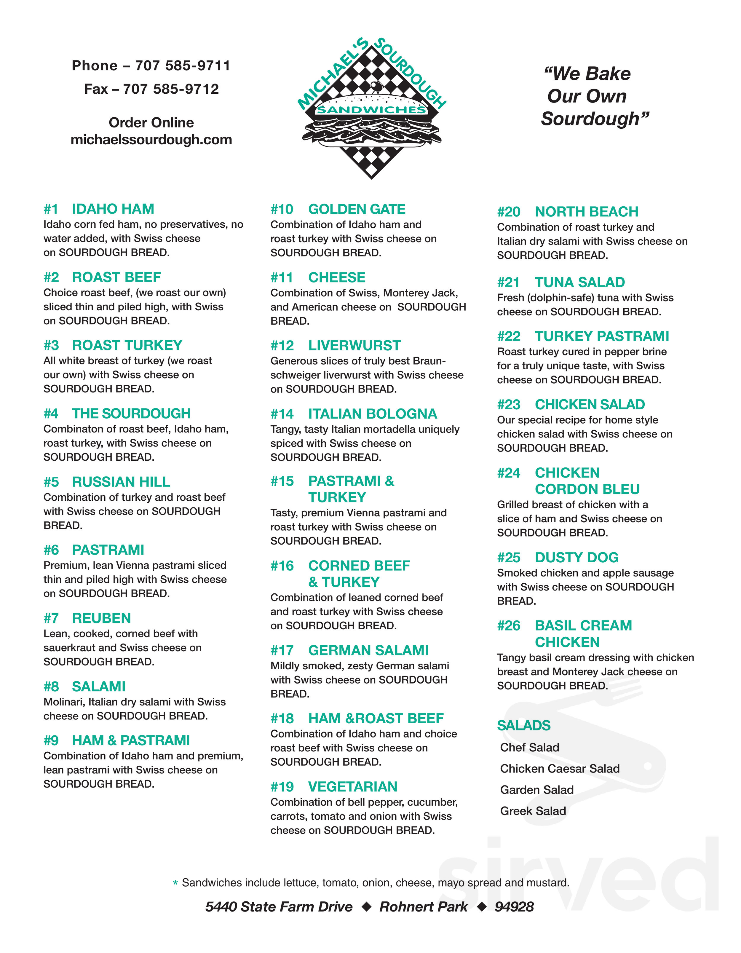 Sonoma Sourdough Sandwiches menus in Rohnert Park, California, United