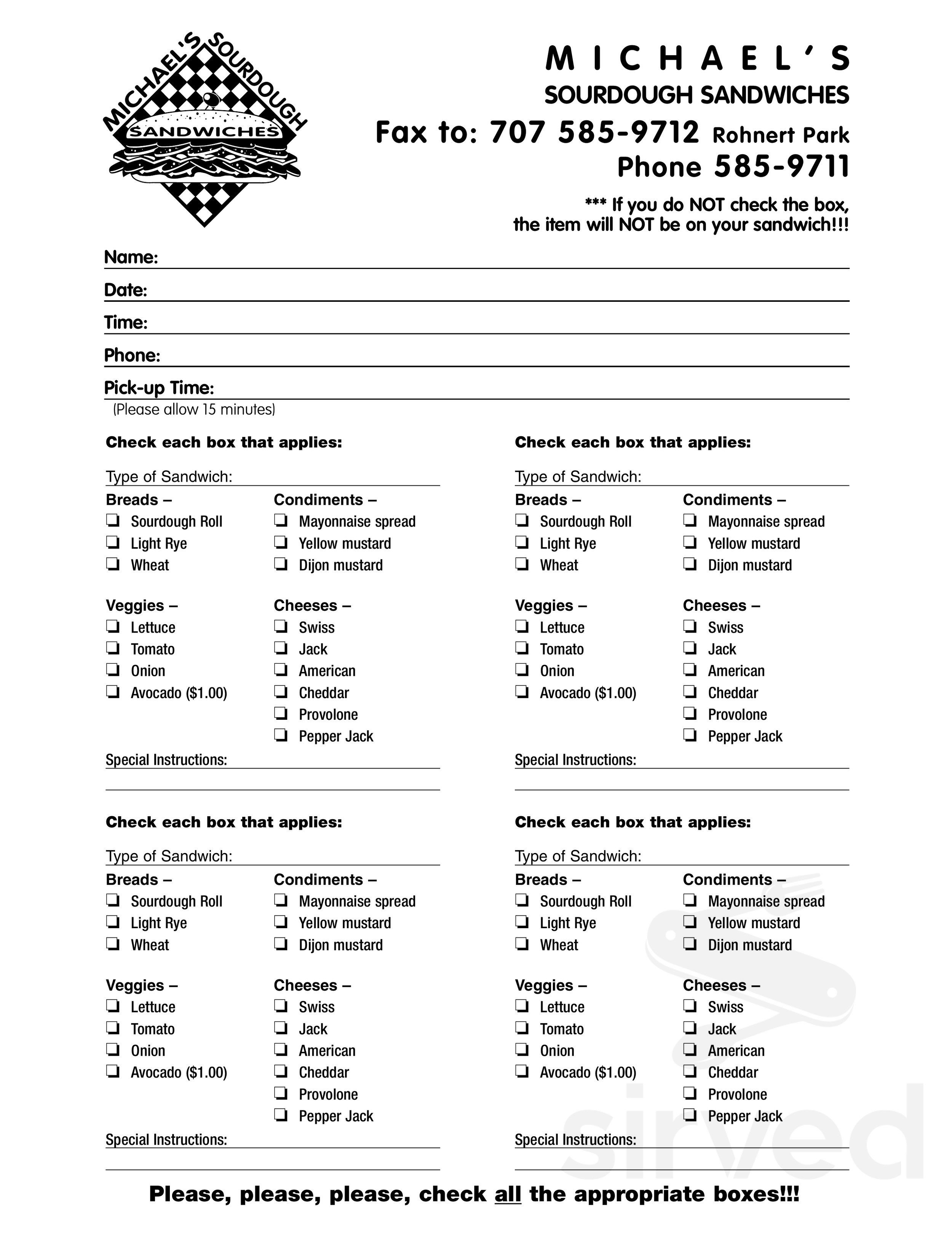 Sonoma Sourdough Sandwiches menus in Rohnert Park, California, United