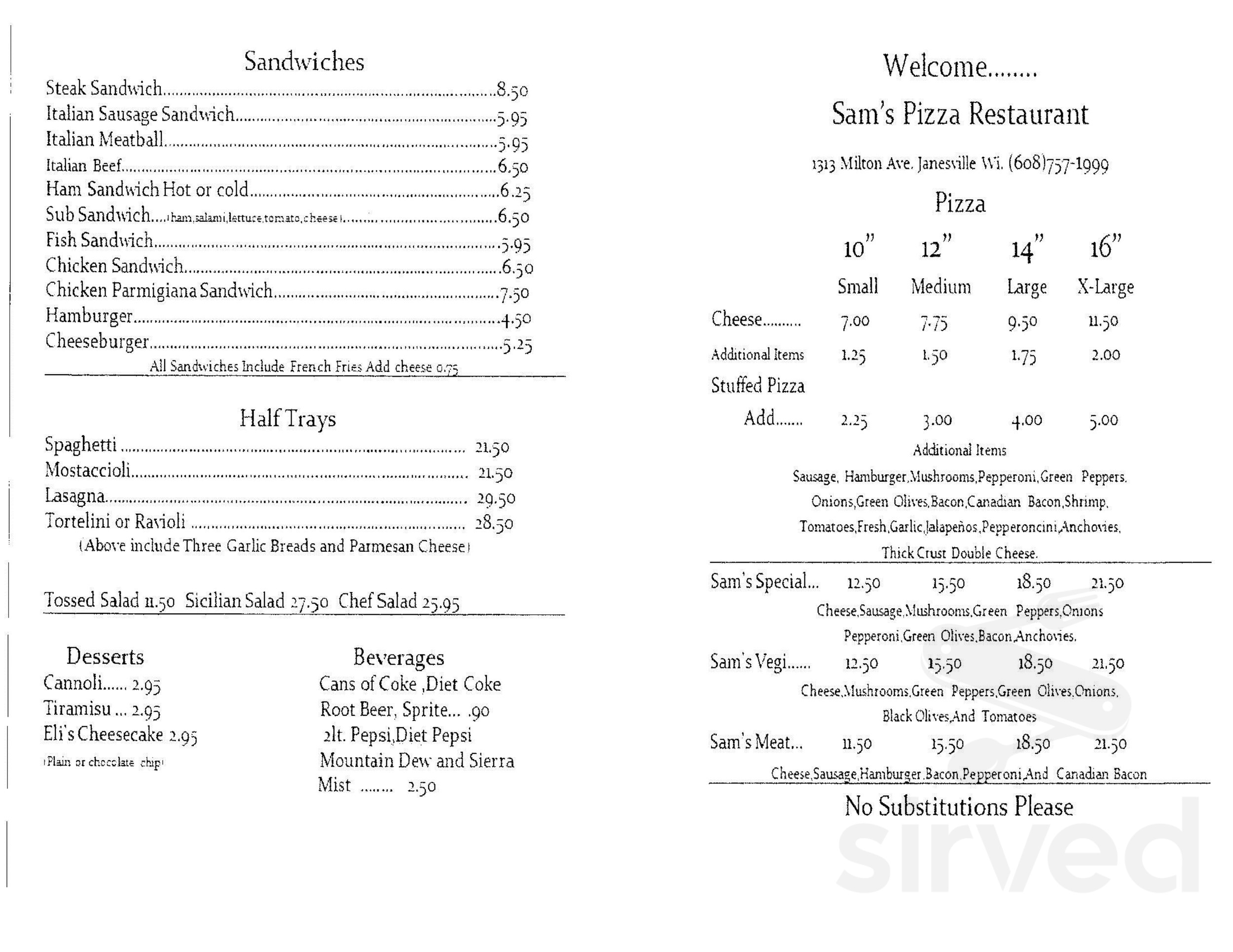 Menu for Sam's Pizza in Janesville, WI | Sirved