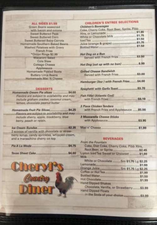 Cheryls Country Diner menu in Parkersburg, West Virginia, USA