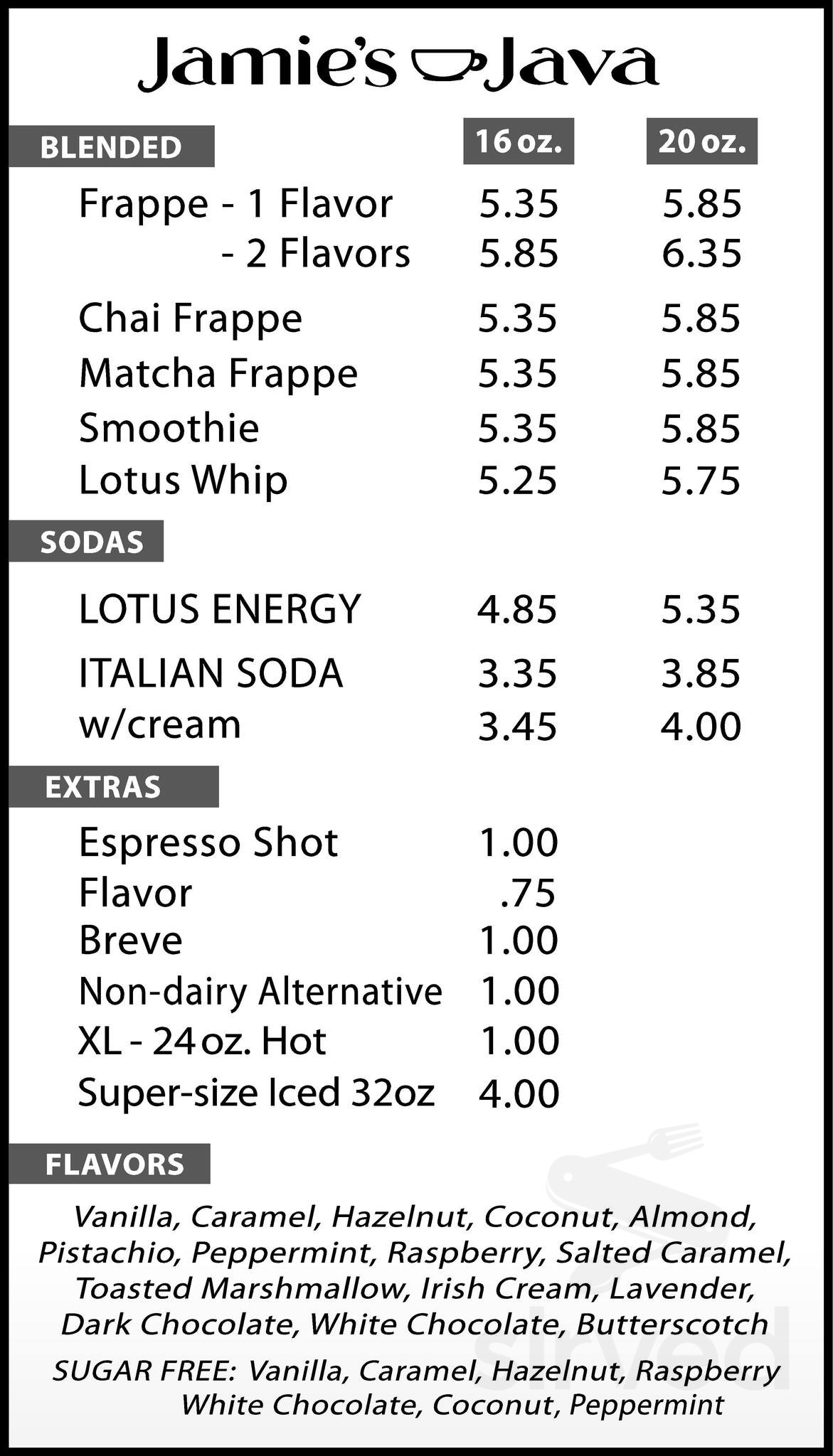 Jamie's Java menu in St Germain, Wisconsin, USA