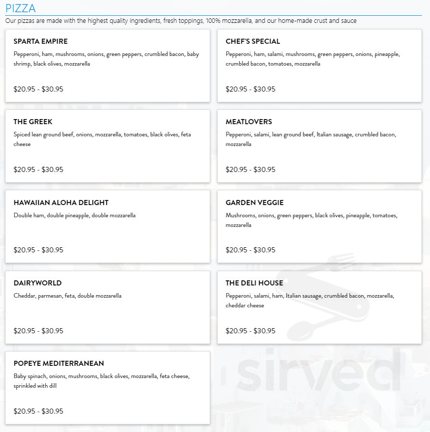 Sparta Greek Taverna and Pizza menu in Port Coquitlam, British Columbia