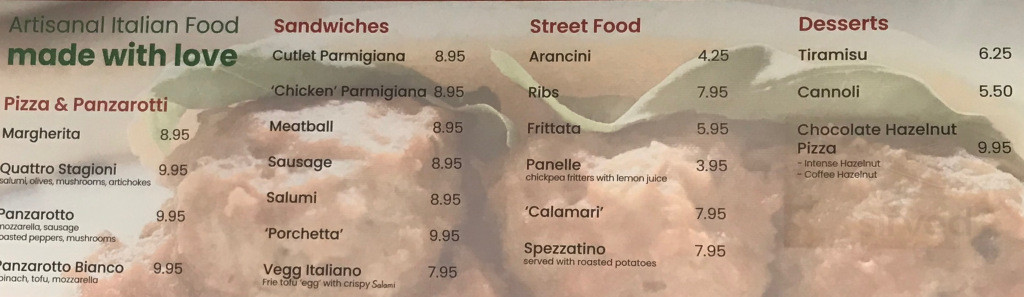 The Vegitaliano menu in Concord, Ontario
