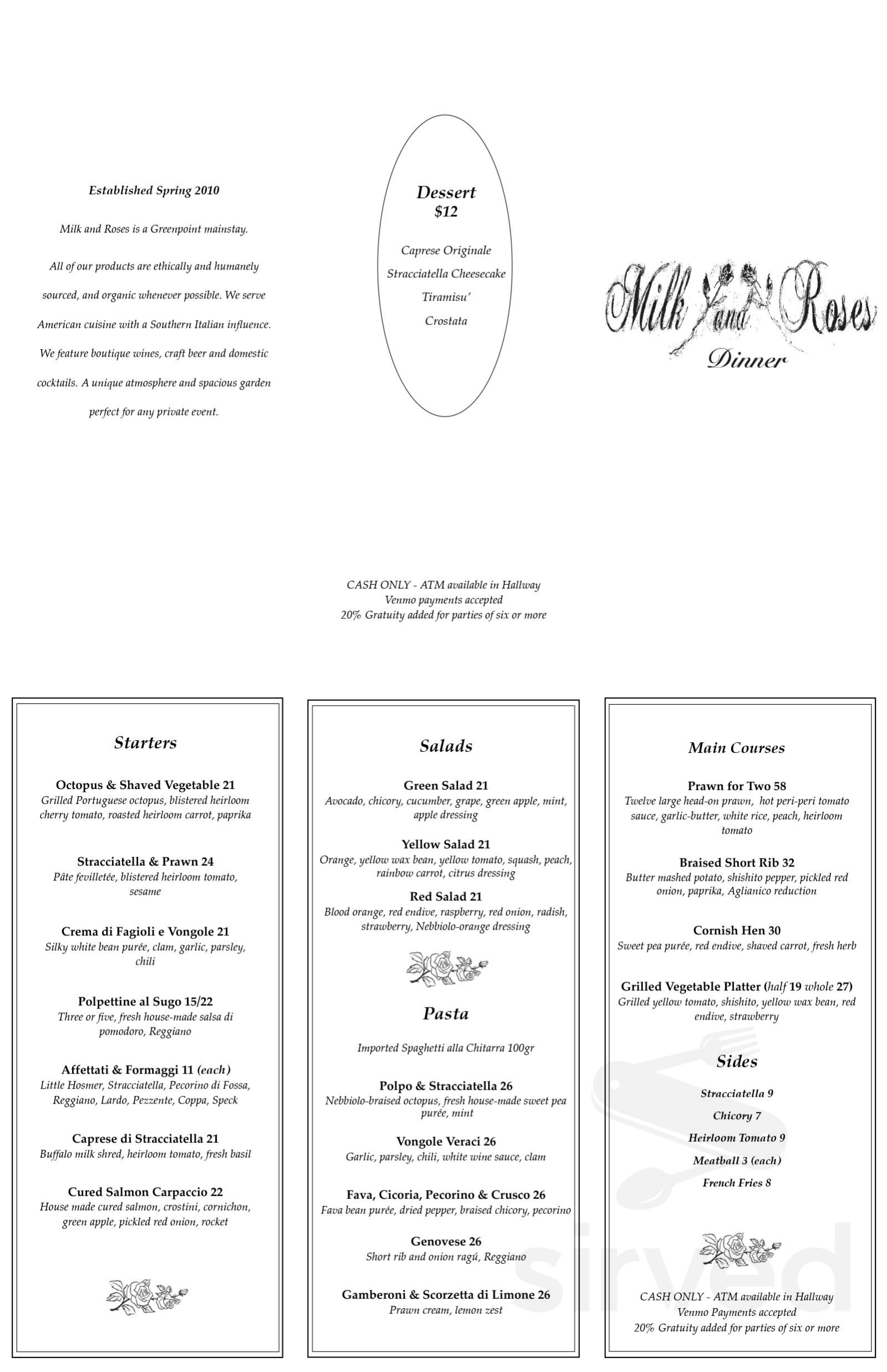 Milk & Roses menu in Brooklyn, New York, USA