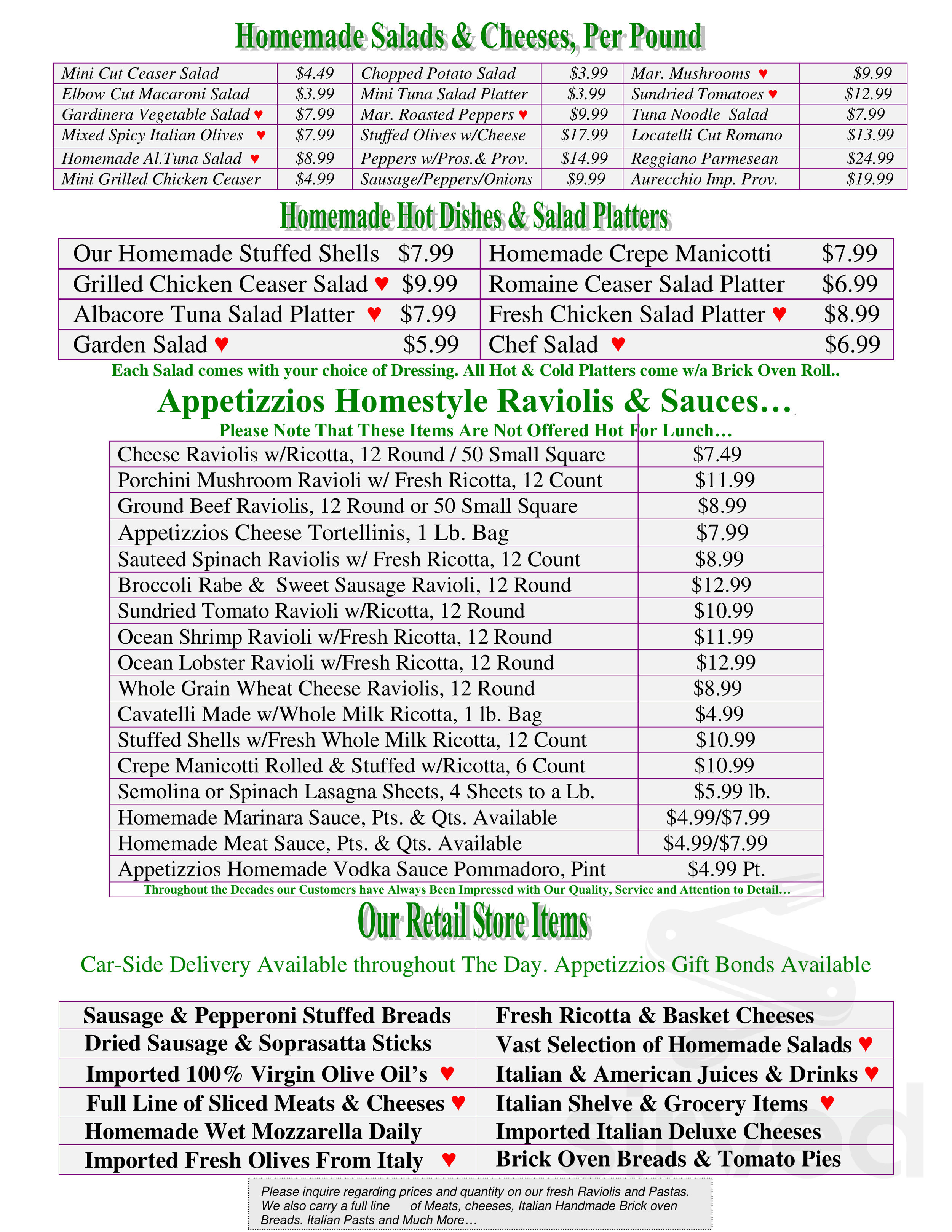 Appetizzio's Italian Pasta lunch menu in Lyndhurst, New Jersey
