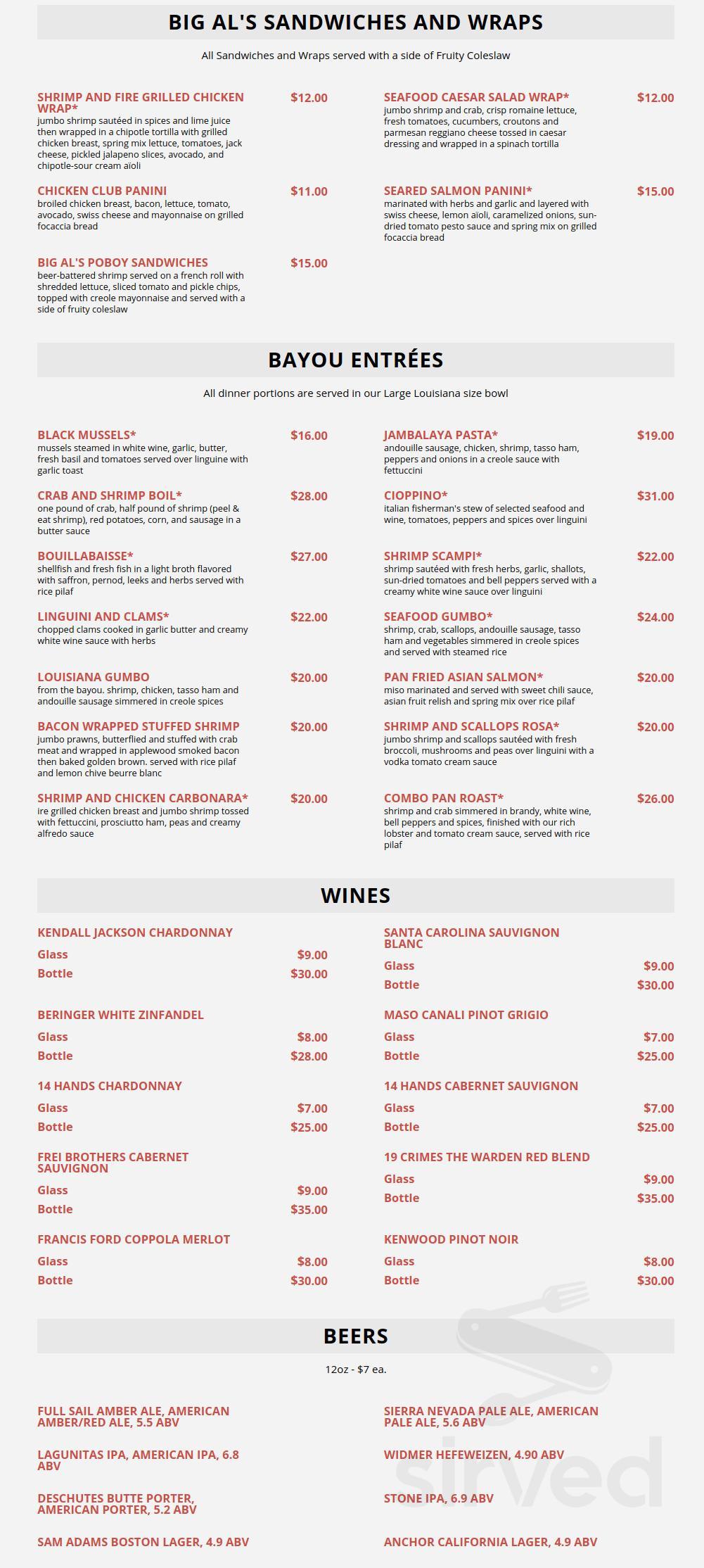 Big Al's Oyster Bar menu in Las Vegas, Nevada, USA