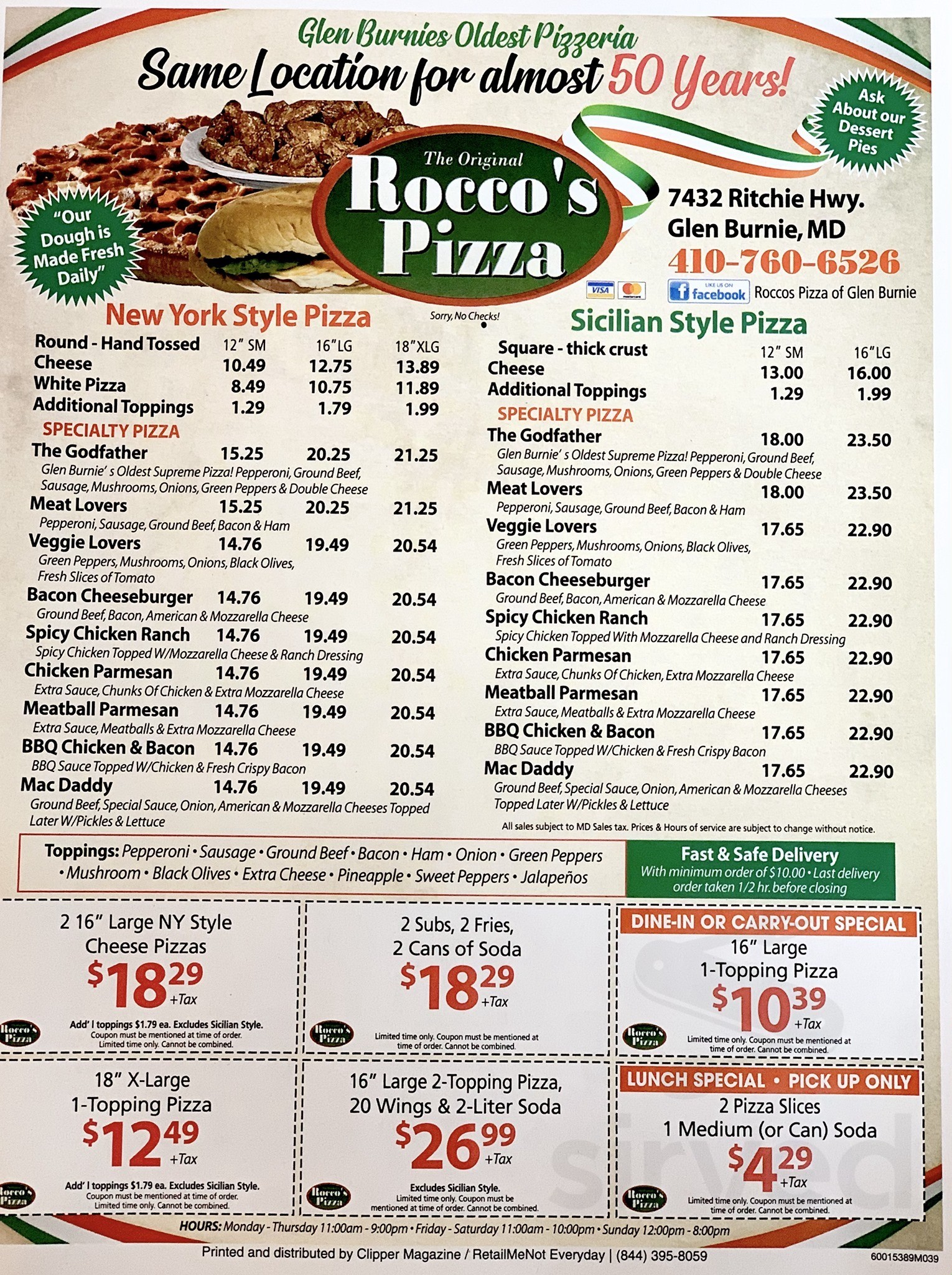 Rocco's Pizzeria menu in Glen Burnie, Maryland, USA