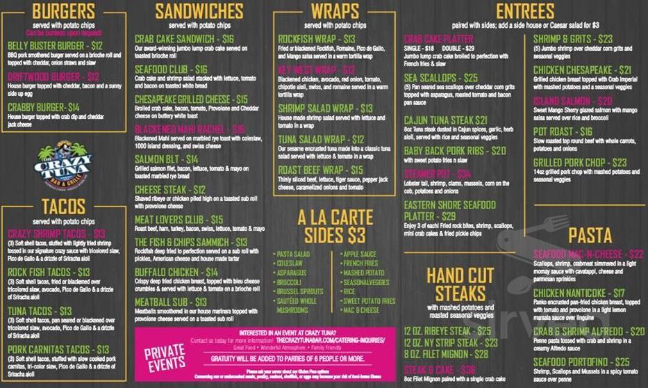 Crazy Tuna Bar & Grille menu in Essex, Maryland, USA