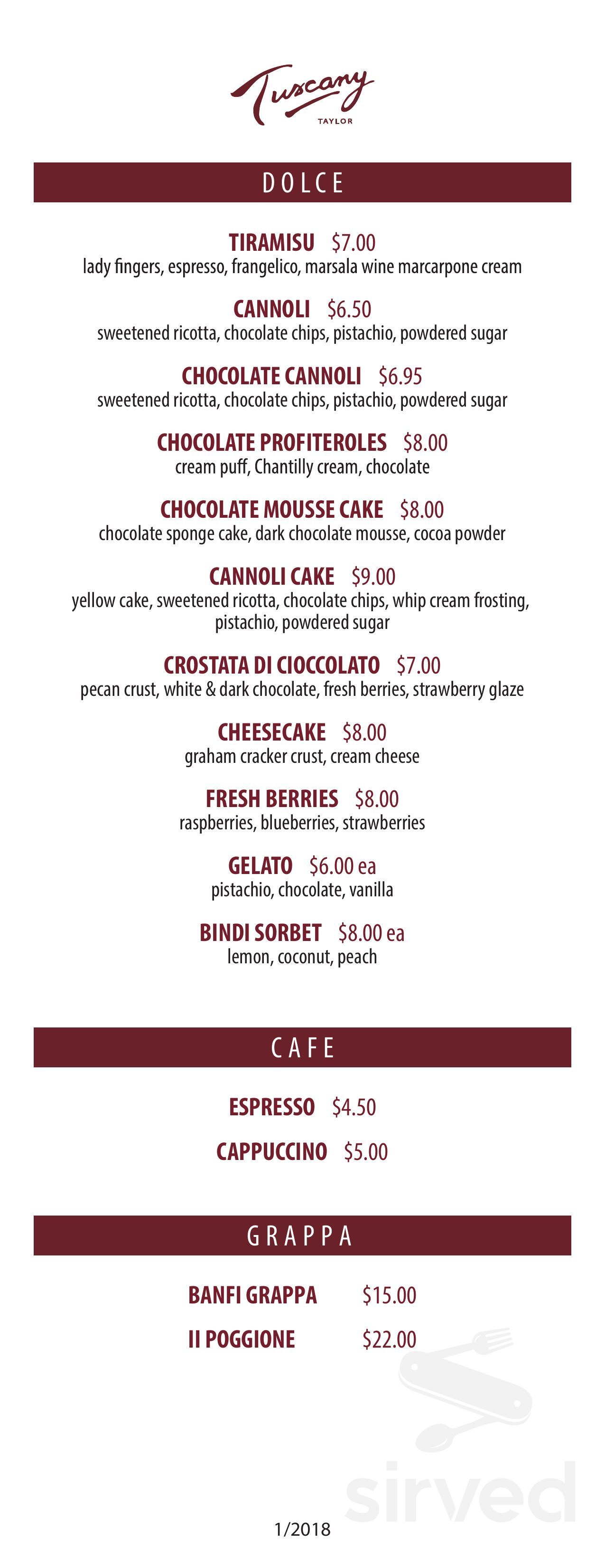 Menu - Chicago IL's Tuscany on Taylor | Sirved