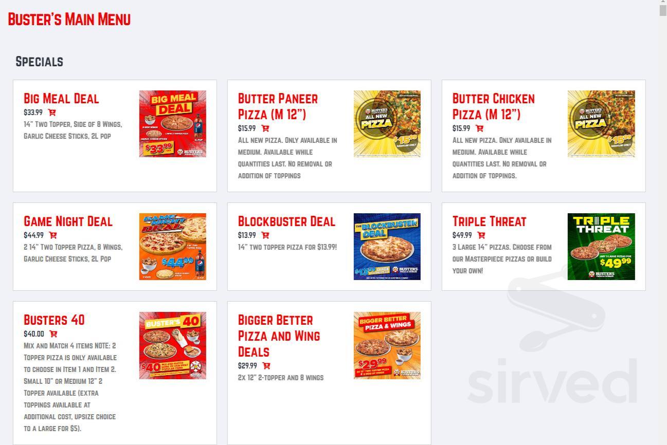 Buster's Pizza & Donair menu in Lethbridge, Alberta, Canada