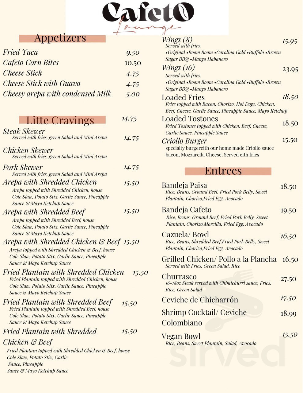 Menu - Lowell MA's Cafeto | Sirved