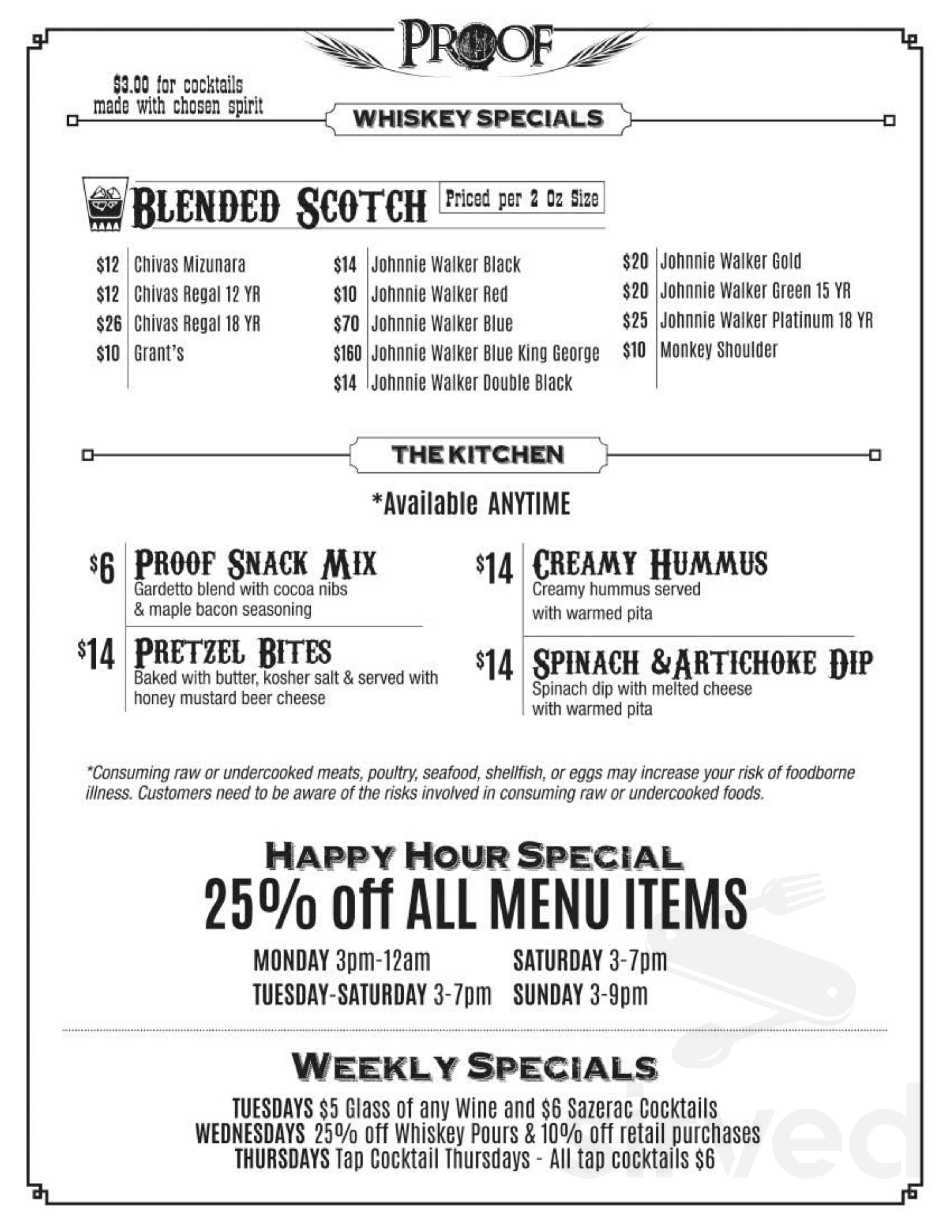 Menu for PROOF 192 Whiskey Bar & Craft Cocktails in Elkhorn, NE | Sirved