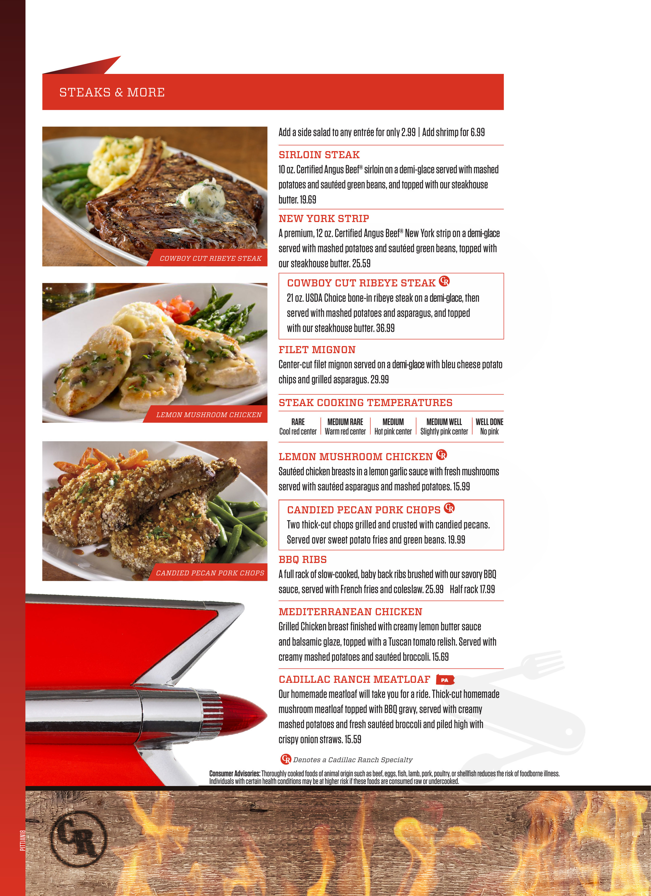 Cadillac Ranch menu in Pittsburgh, Pennsylvania, USA