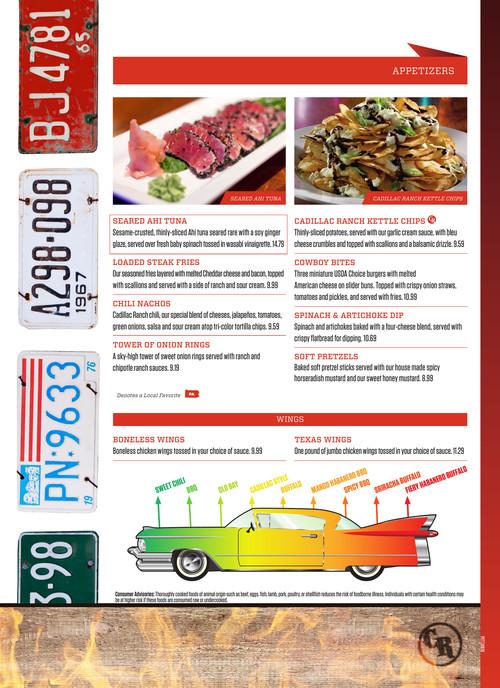 Cadillac Ranch menu in Pittsburgh, Pennsylvania, USA
